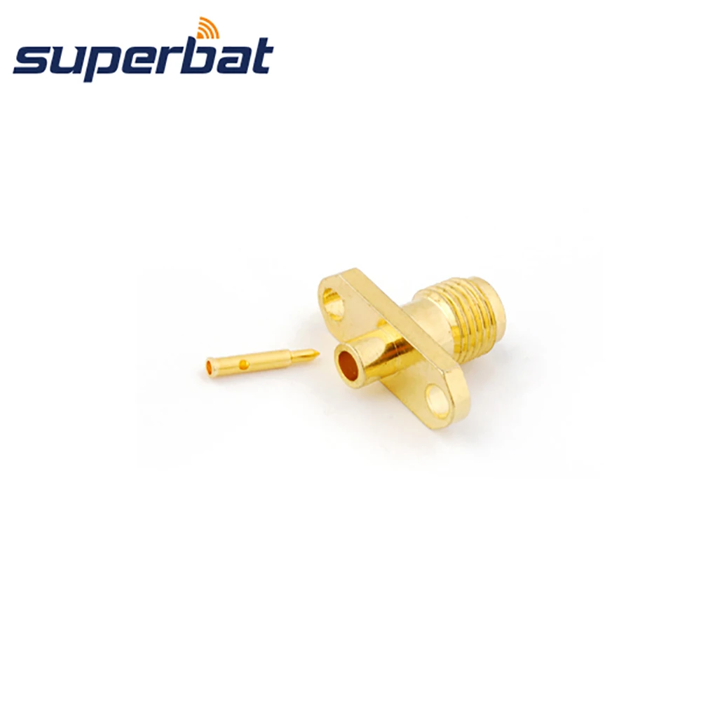 Superbat RP-SMA Solder perempuan (laki-laki pin) flens dengan 2 lubang konektor RF untuk kabel semi-kaku 086 ",RG405