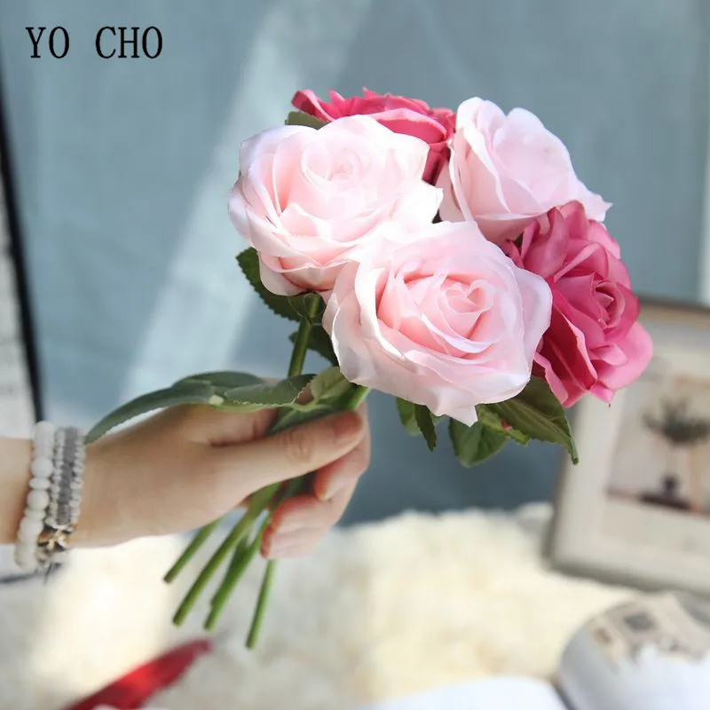 YO CHO Artificial Flowers Rose Pink Silk Flower Bouquet Peonies Decor for Home Party Artificial Roses for Wedding Flowers