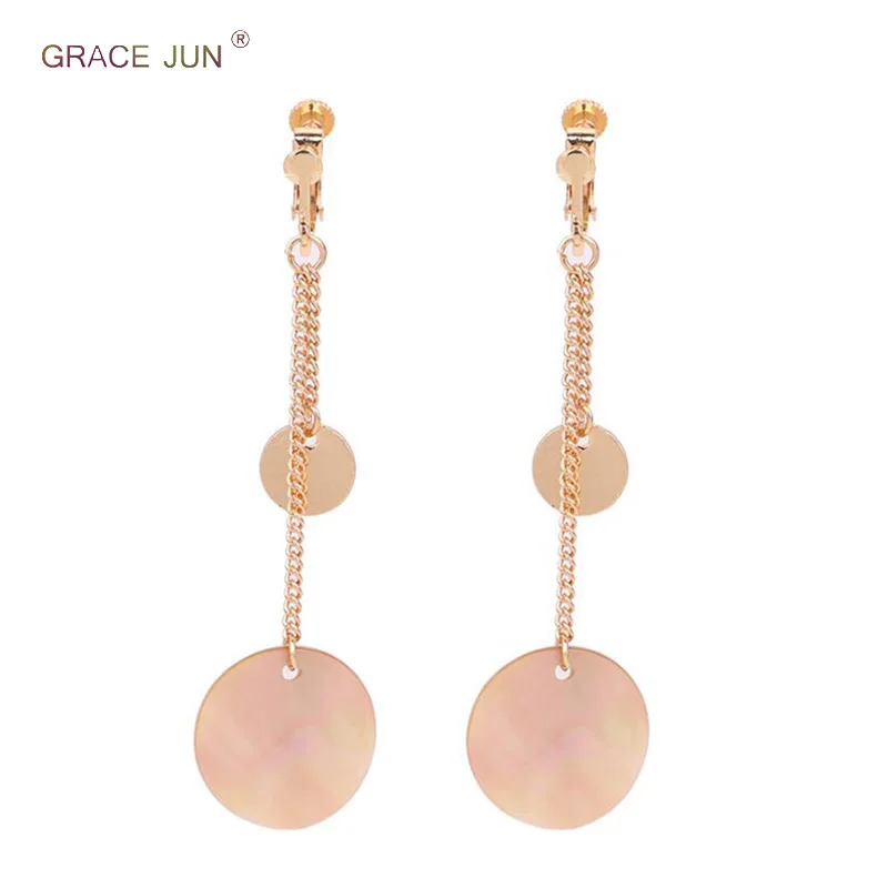 GRACE JUN 2018 New Style Long Tassel Shell Clip on Earrings for Women Party Pagement Luxury Cuff  No Hole Earrings Top Quaity