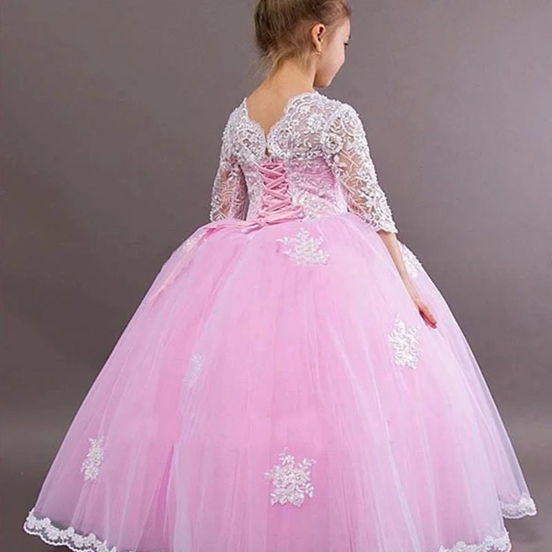 

Pink Lovely Fluffy Flower Girl Dresses Long Sleeve Lace Applique Tulle For Prom Get together First Holy Communion Dresses