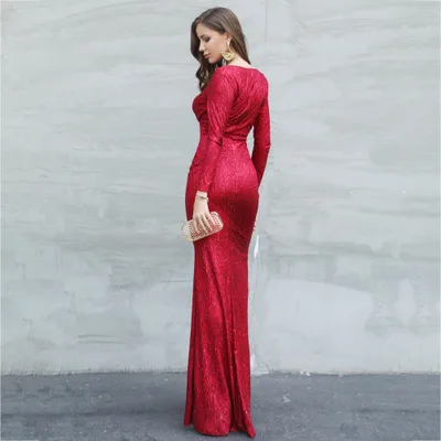 Fashion Sequined V Neck Long Sleeve Spicy Prom Dress k New Evening Party Gowns vestido de festa 2019