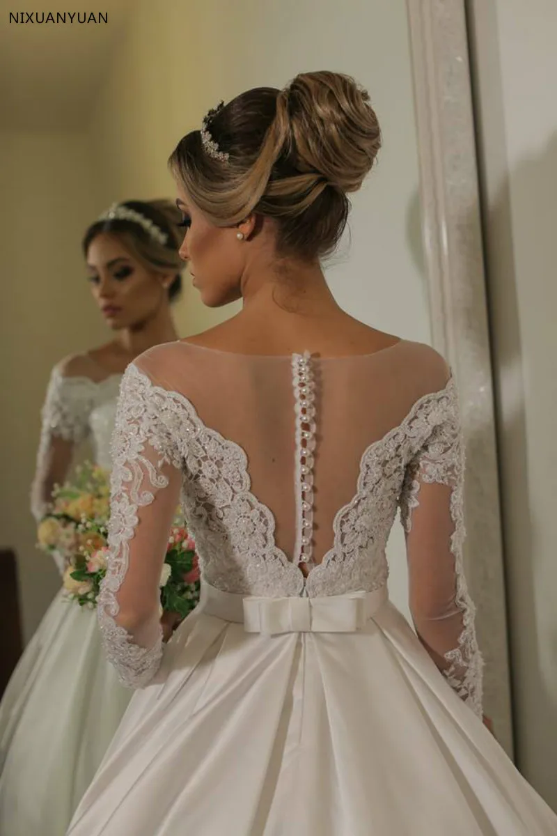 Vestido De Noiva Palla Abito A Manica Lunga Del Merletto di Applique Abiti Da Sposa Button Back Robe De Soiree Raso Principessa Abito Da Sposa