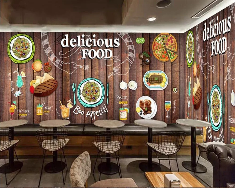 Beibehang Custom wallpaper European and American retro wooden board western restaurant pizza shop background wall 3d wallpaper