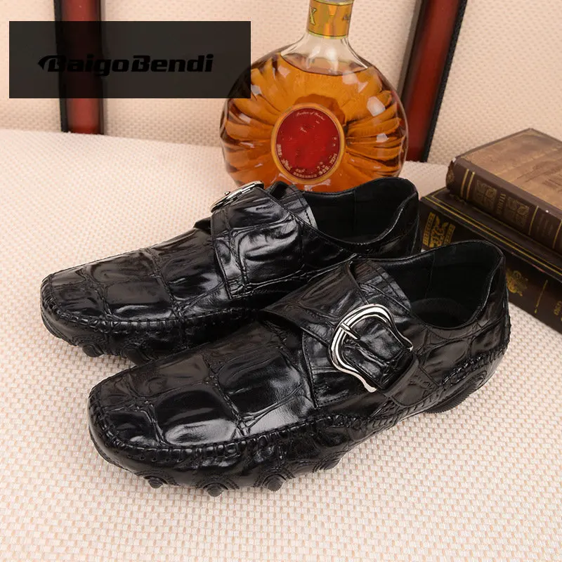 Size 38-44 Full Grain Leather Crocodile Pattern Men Loafers Trendy Buckle Belt Octopus Outsole Leisure Businessman Casual Shoes