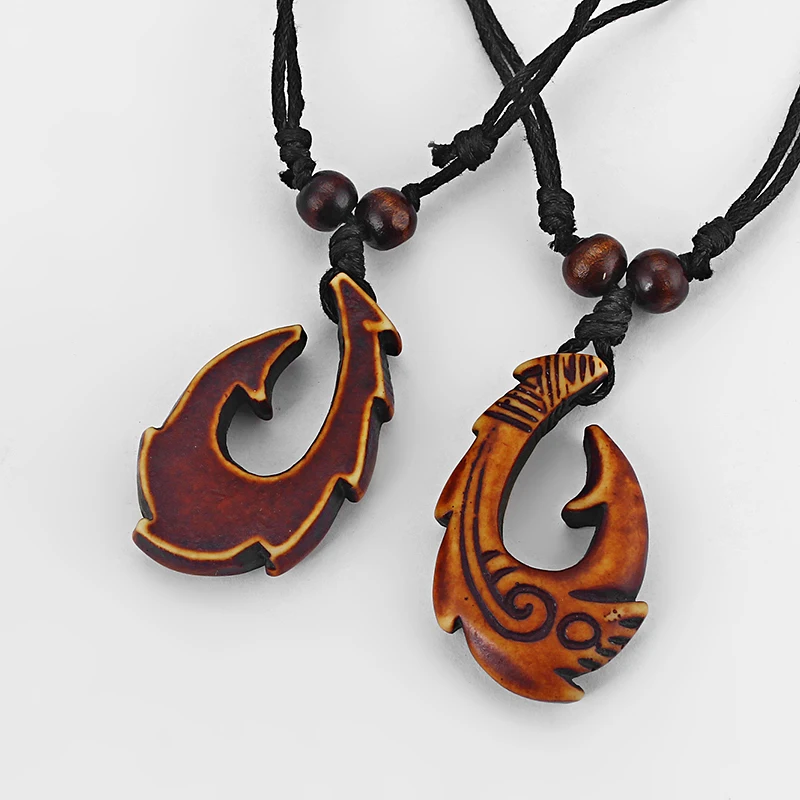 New Fashion 1pcs Carved yak Bone Fish Hook Pendant New Zealand Maori / Polynesian / Hawaiian Necklace