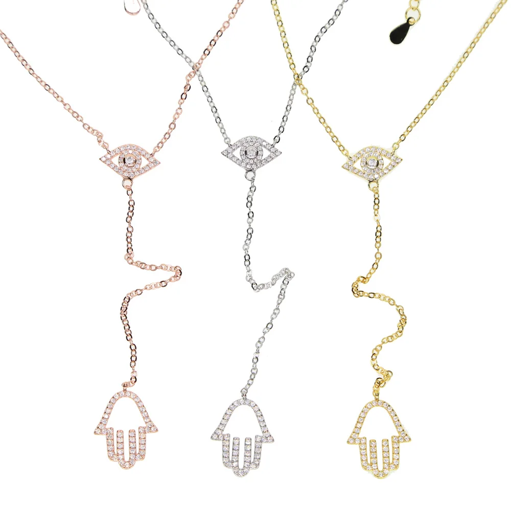 fashion jewelry turkish evil eye hamsa hand pendant micro pave clear cz Lariat Y shape Gold color stunning women necklace