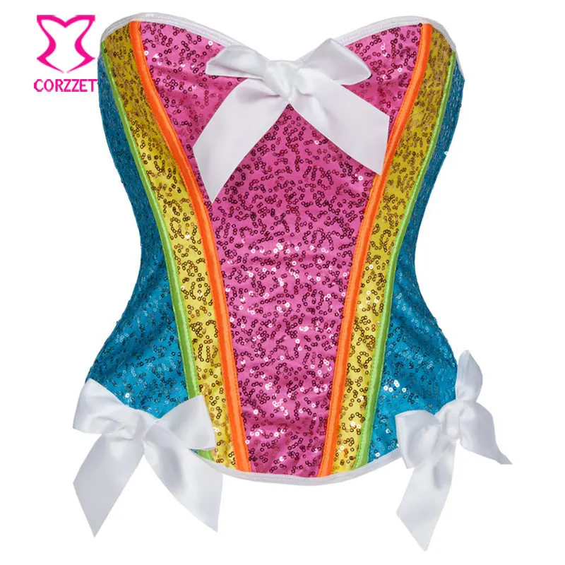 Corsé con lentejuelas de arcoíris para Mujer, Top con corpiño, ropa de Rave Burlesque, corsés Sexy, disfraz de unicornio Espartilho