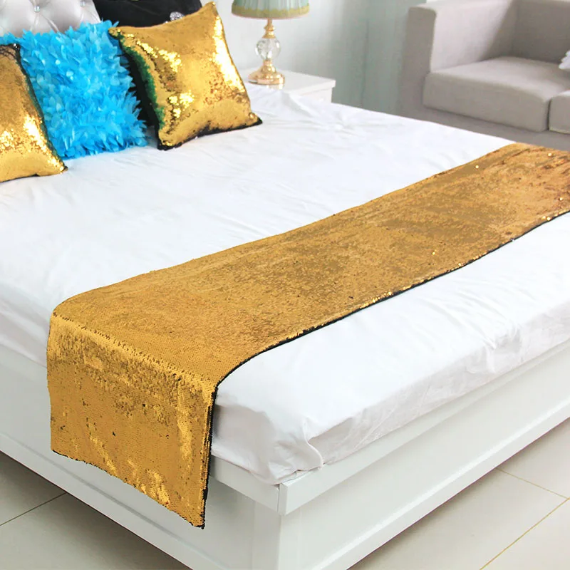 Veemi Luxury Style Bedspread Blue and Rose Red Double Faced Sequins Bed Runner Bedding Queen King Bed Cover Towel Protector