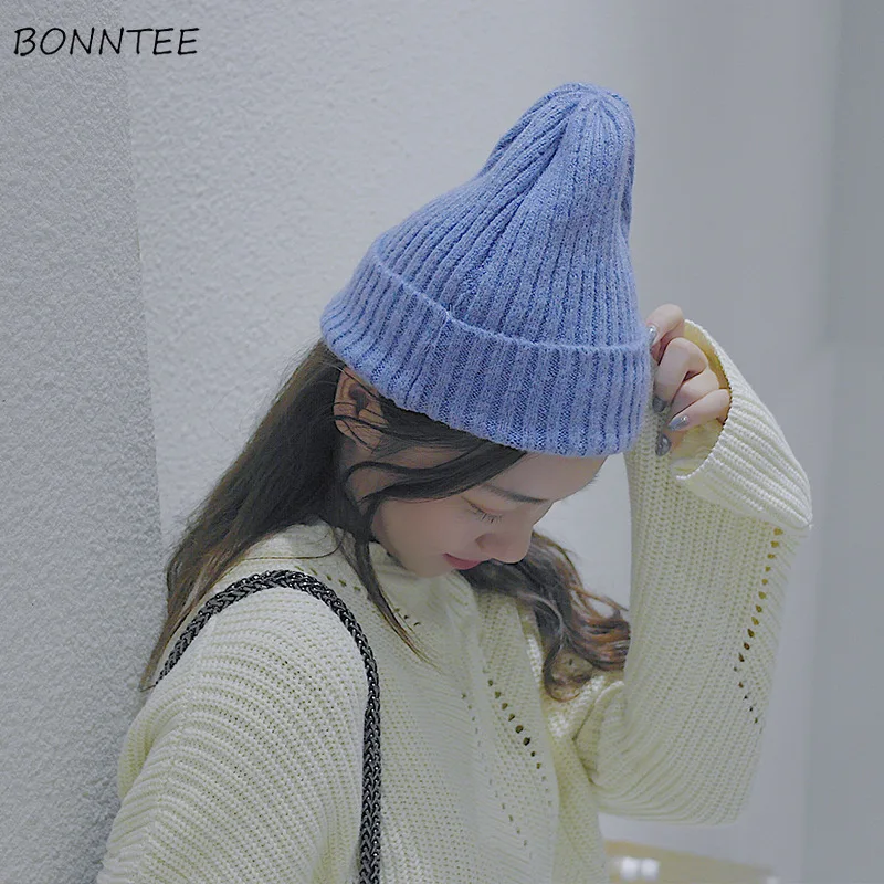 Beanies Women 2020 New Solid Knitted Warm Soft Trendy Hats Simple Korean Style Womens Wool Casual Caps Elegant All-match Beanie