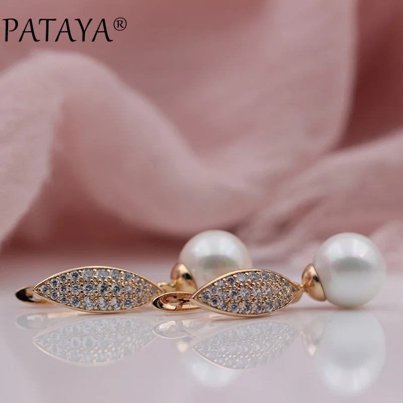 PATAYA New 585 Rose Gold Color Micro-wax Inlay Natural Zircon Shell Pearls Long Dangle Earrings Women Wedding Luxury Jewelry