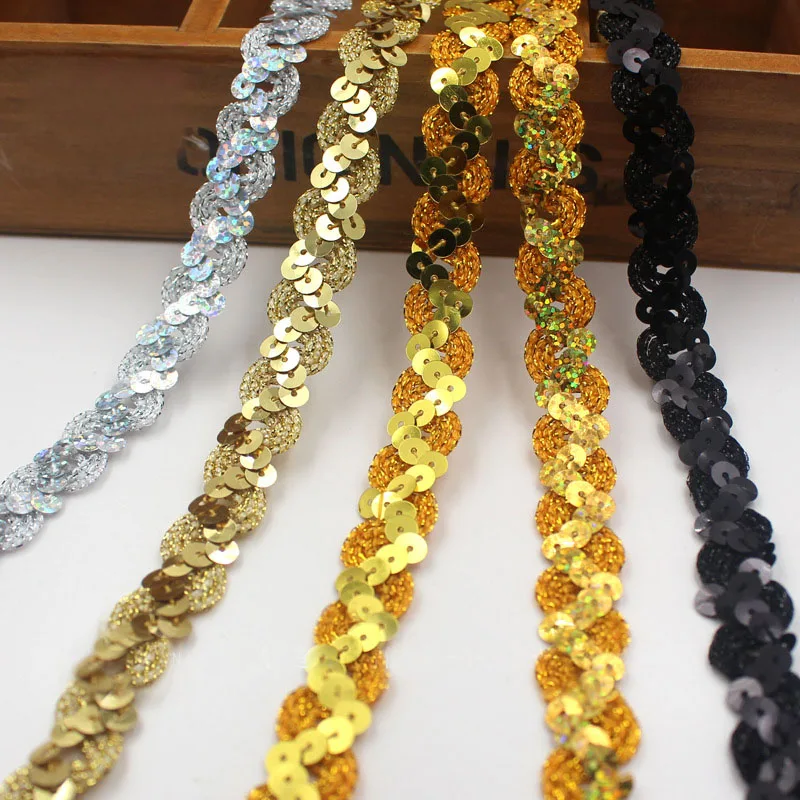 25 Meters Gold Silver Red Purple embellished Applique Sequins belts Lace Trim Ribbon sequin fabric Sew On Dress Clothes Curtain