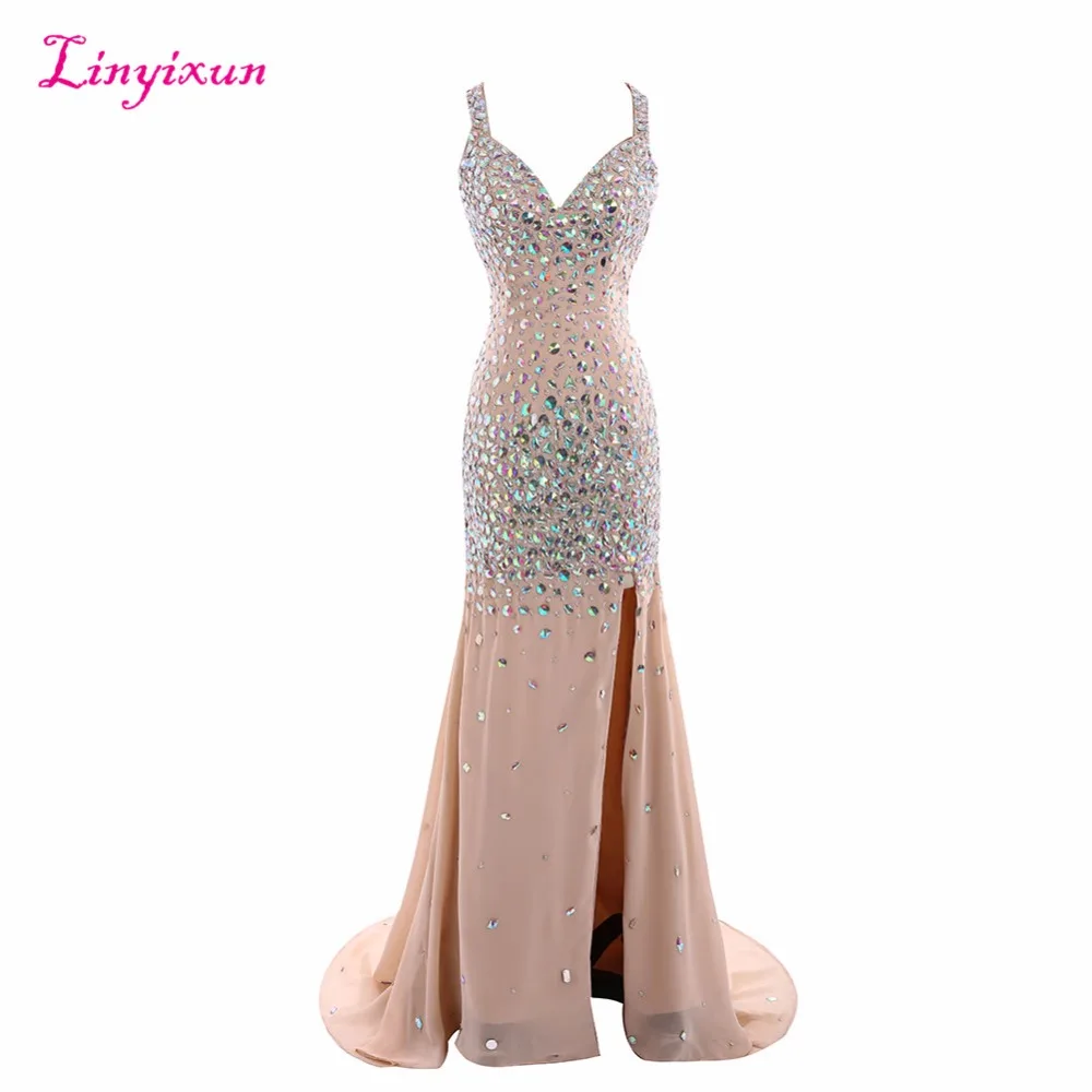 Linyixun Real Photo Nieuwe Sexy Jurken Luxe Kralen Crystal Lange V-hals Backless Party Formele Avondjurken vestido de festa