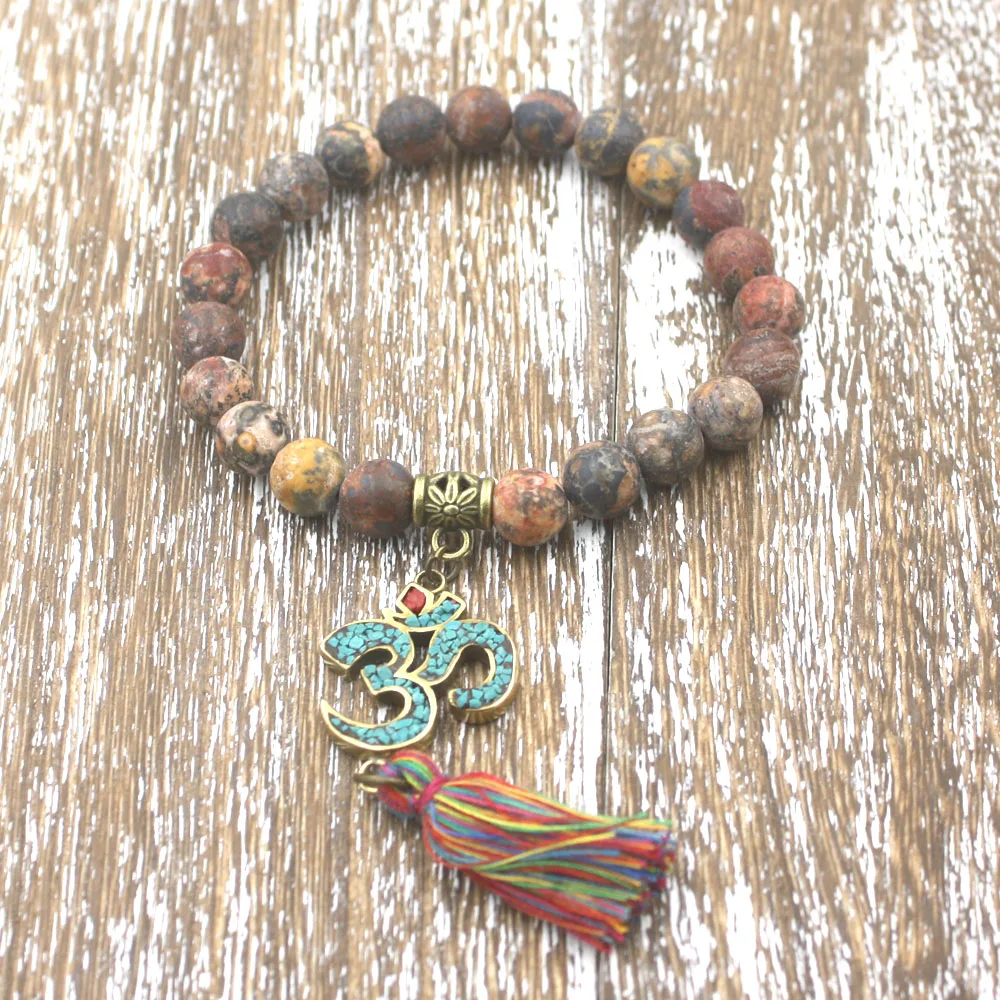 8mm Leopard Skin Stone With OM Nepal, Coloured Cotton Tassel Bracelet Boho Jewelry