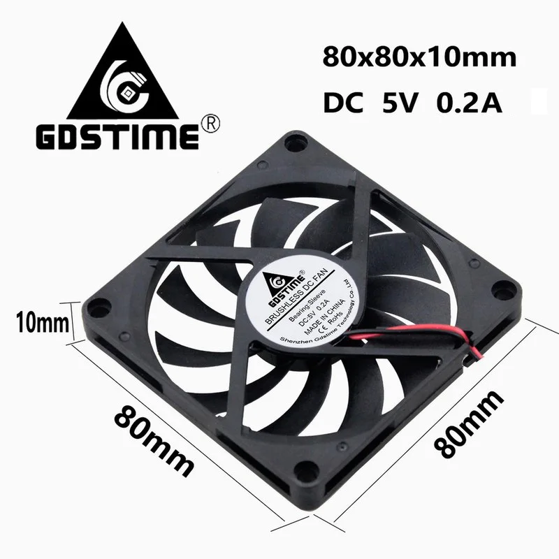 

200 Pcs Gdstime DC 5V 80x80x10mm 2Pin Industrial Brushless Motor Cooling Fan 8cm 80mm x 10mm Silent Cooler 8010s