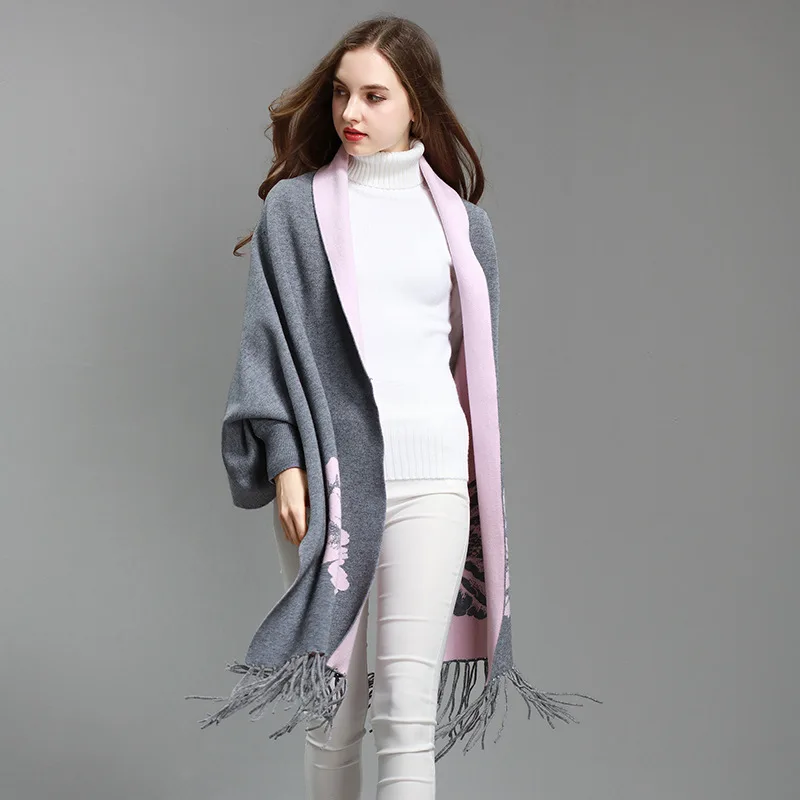 Oversize Double Side Scarf Winter Knitted Peony Floral Poncho Cape Women Batwing Sleeves Two Color Out Street Knitwear Shawl