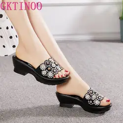 GKTINOO Women Slipper's 2024 Ladies Summer Slippers Shoes Women Wedges Heels Fashion Rhinestone Summer Shoes Geuine Leather