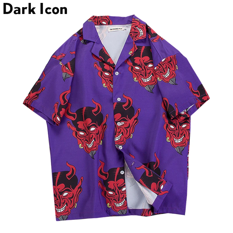 Devil Full Printing Turn-down Collar Casual Shirts Men 2018 Summer High Street Men's Shirts Pink /Purple