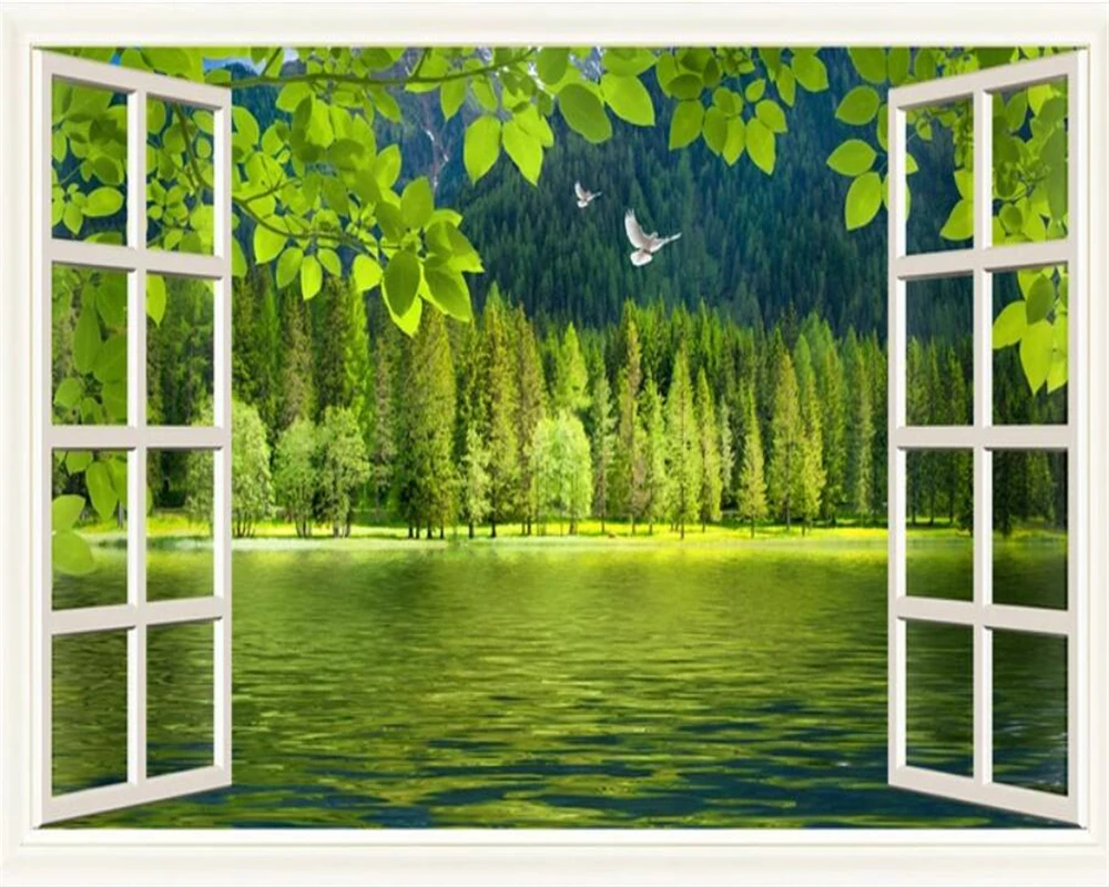 

beibehang Custom wallpaper mural 3d window green Landscape painting TV background wall papel tapiz para pared moderno wallpaper