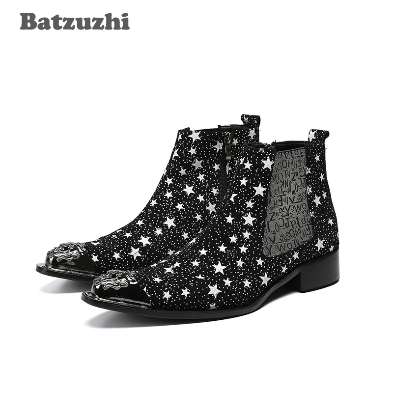 

Batzuzhi Western Rock Mens Boots Pointed Metal Toe Black Stars Leather Ankle Boots Men Botas Hombre Safety Military Boots, US12