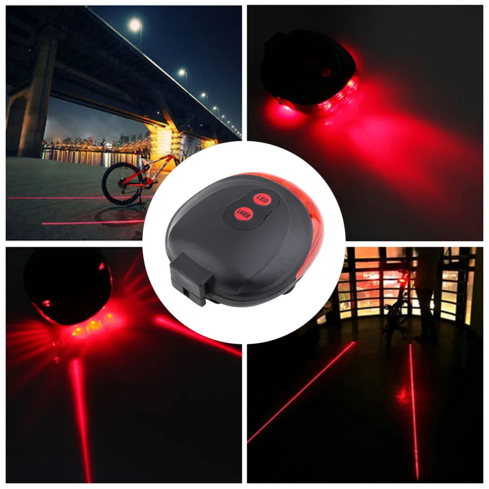 Impermeável Lâmpada Traseira para Bicicleta, Cauda Aviso, Luz Piscando, Laser de Segurança, Ciclismo, 7 Modos Flash, 5 LED, 2 Laser