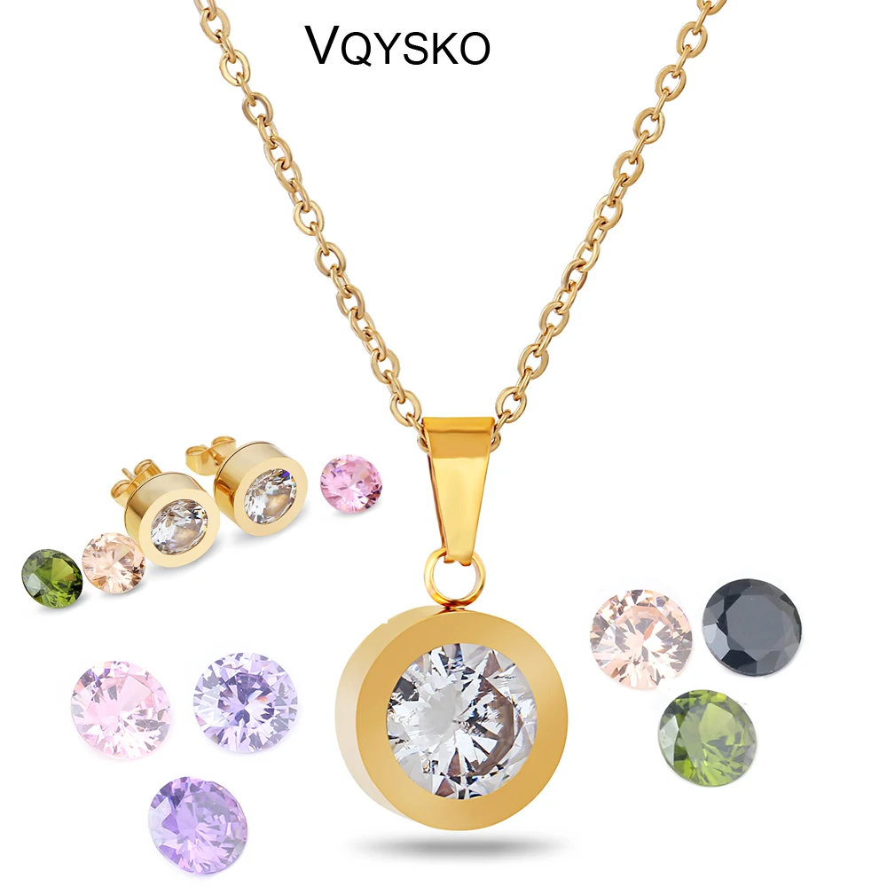 Fashion Changeable Color Zircon Jewelry Set For Women Stainless Steel Jewelry Earring Necklace 2pcs Sets With Bling Zircons