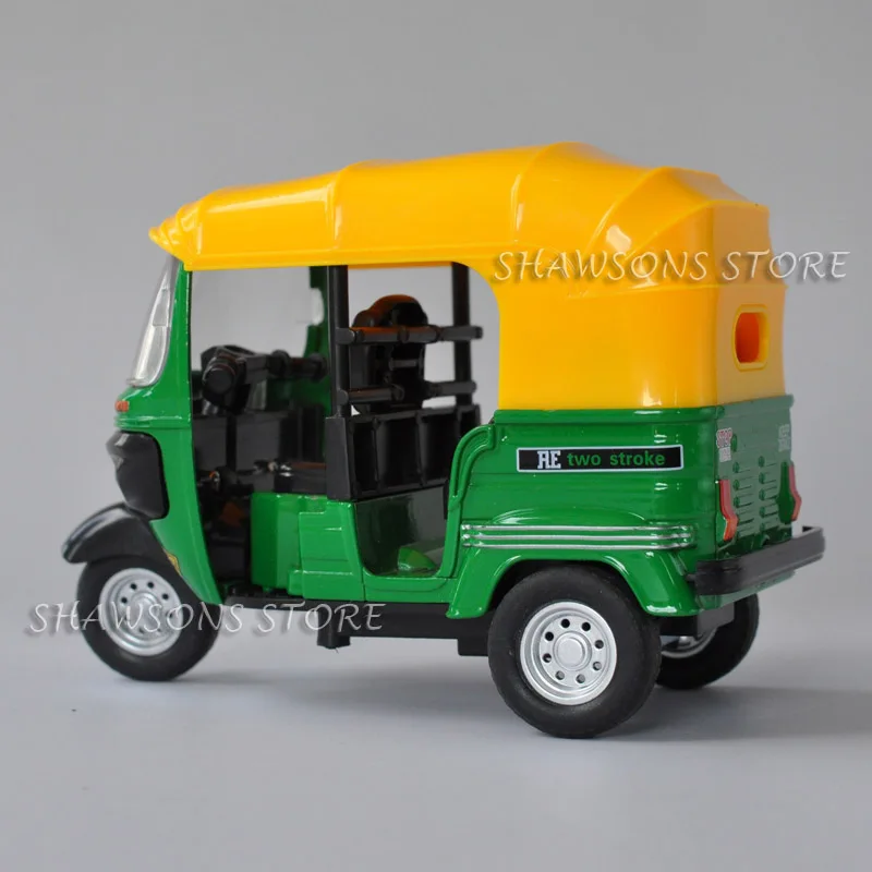 1:14 Schaal Diecast Motorfiets Model Bajaj Auto Motor Driewieler Taxi Miniatuur Replica Terugtrekken Speelgoed Met Geluid En Licht