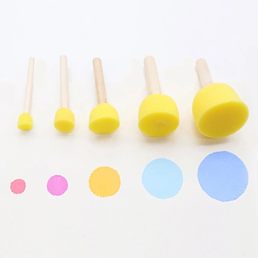 5pcs/set Yellow Round Sponge Paint Brush Stamp Early Learning Kids DIY Graffiti Toy Wooden Handle Drawing Brush Painting Supply