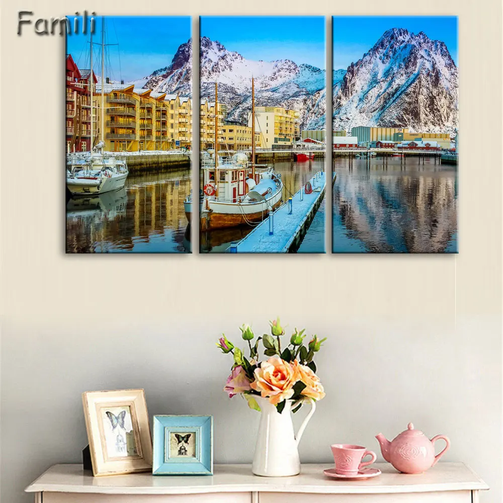 

3pcs Norway mountains sea seaside town lofoten islands beautiful Living room home art decor wood frame fabric poster