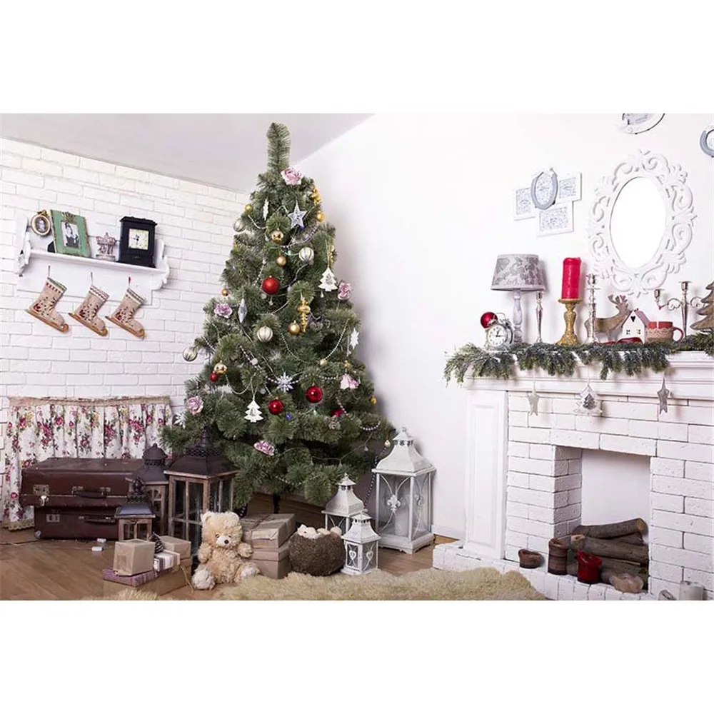 Indoor White Wall Fireplace Christmas Tree Backdrop Printed Retro Suitcases Presents Toy Bear Baby Kids Xmas Party Background