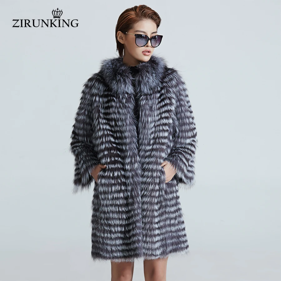 ZIRUNKING Knitted  Real Silver Fox Fur Coats Fashion Fur Jacket Striped Style Outfit Female Fox Fur For Autumn ZCW-02YL