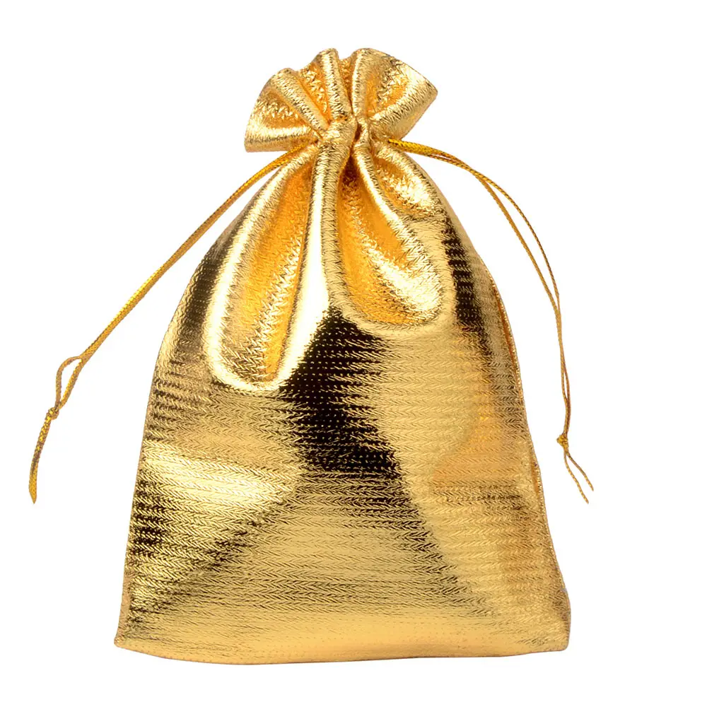 25pcs/lot Jewelry Packing Gold Color Foil Cloth Drawstring Storage Bag 7x9cm 9x12cm 10x15cm Wedding Gift Bags & Pouches