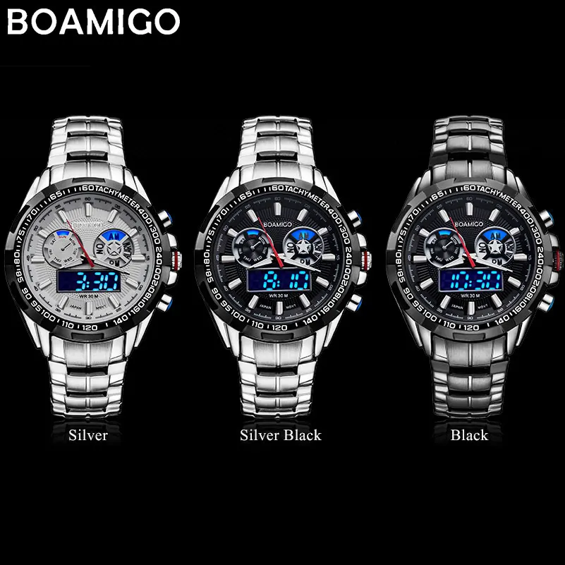 men sport watches military steel digital watch Luminous hand quartz watch 2017 BOAMIGO silver gift 30m waterproof wristwatches