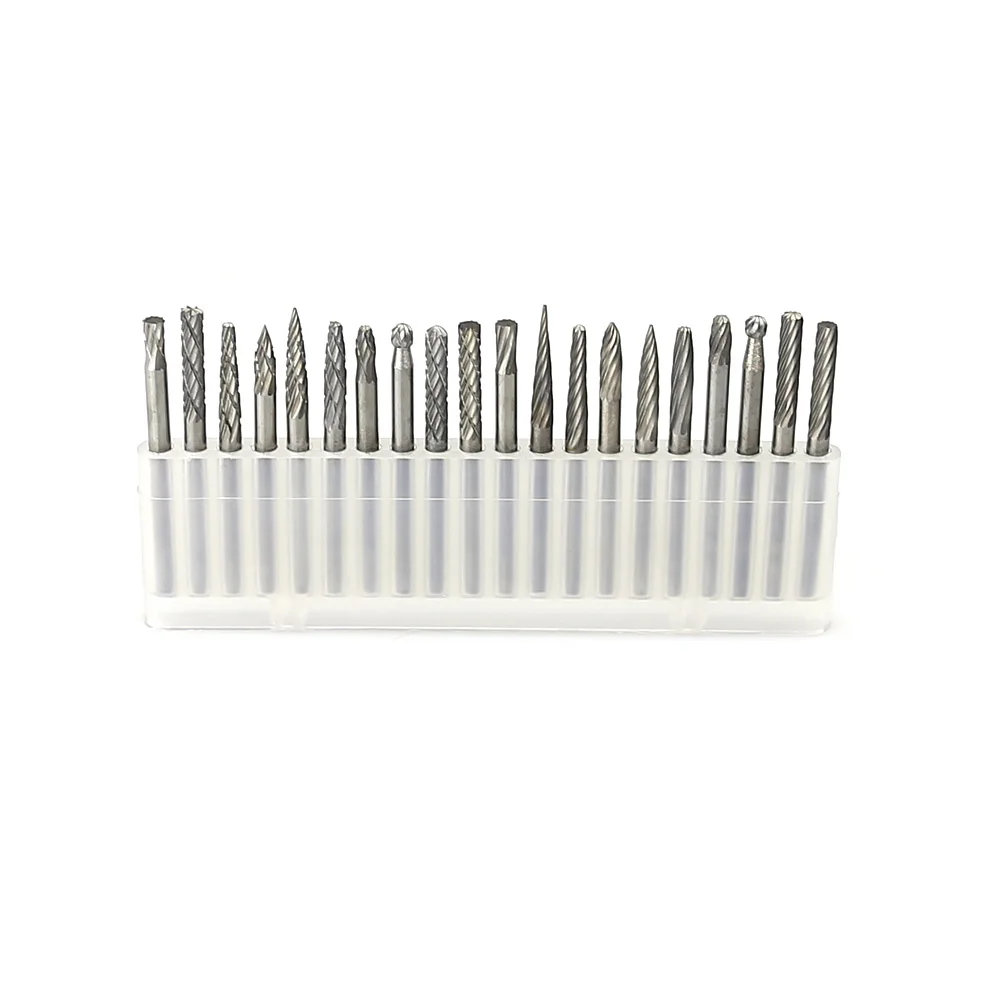 20 peças broca rotativa de aço de tungstênio, rebarbas, kit de escultura em madeira 3*3mm para mini broca dremel