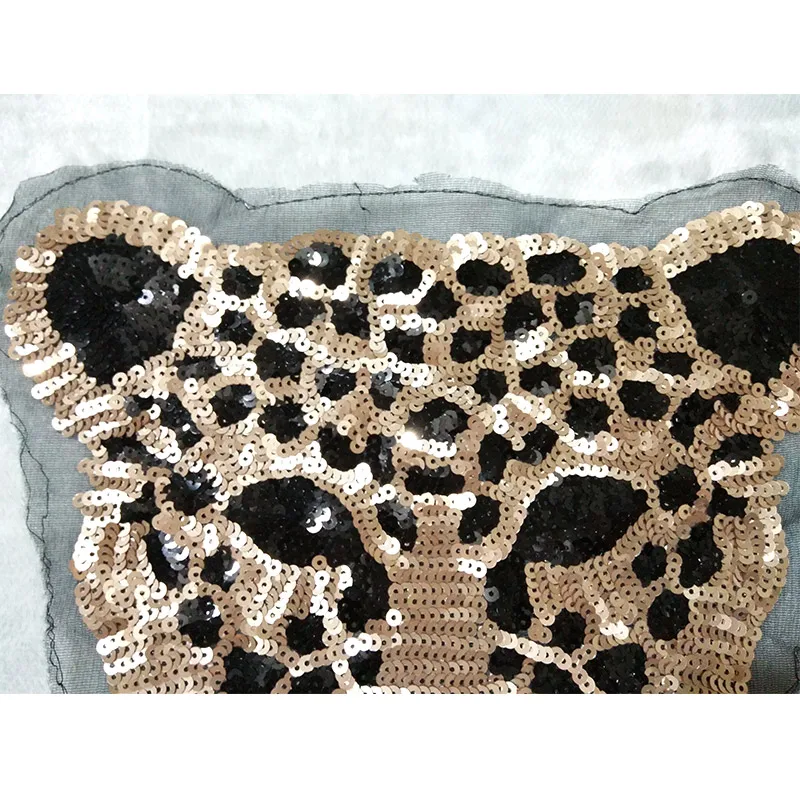 New large sequins leopard head patch DIY clothes patches for clothing Sew-on embroidered coll tiger motif beaded applique crafts