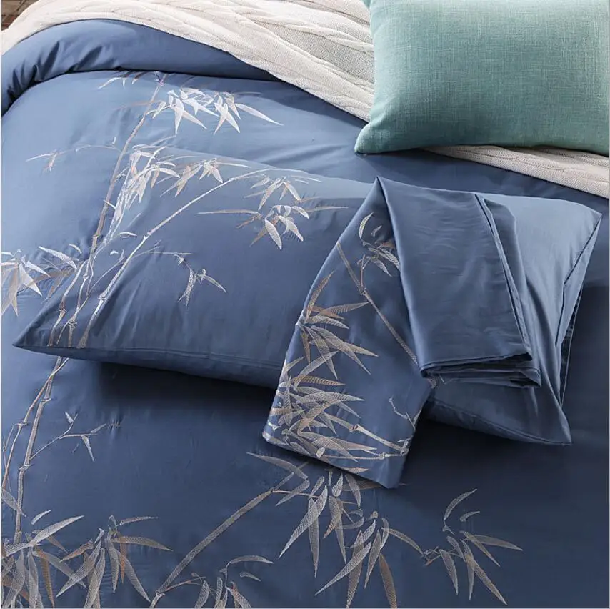 100% Cotton Bamboo Embroidered Solid Bedding Set King Queen Size 4pcs Blue Quilt/Duvet Cover Bed Sheet Pillowcases Home Textile