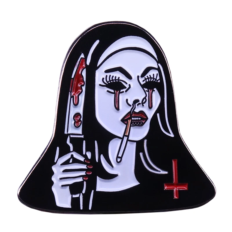 Nasty habit badge horror movie The Nun inspired pin scary Halloween jewelry