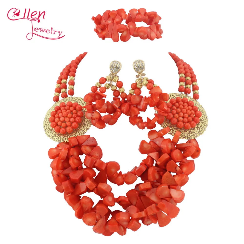 

Luxury Nigerian African Wedding Coral Beads Jewelry Set Orange Coral Jewelry Set Necklace Bracelet Earrings Sets TL1348