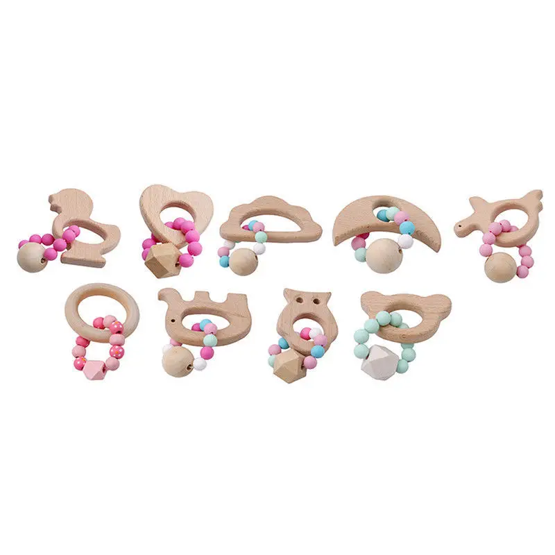 Cute Baby Nursing Bracelets Wooden Teether Crochet Chew Beads Teething Wood Rattles Toys Teether Montessori Bracelets