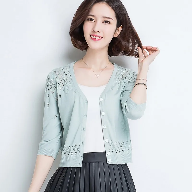 Women Thin Knitted Cardigan Coat 2019 Casual V-Neck 3/4 Sleeve Crochet Knit Cardigan Sweater Female Hollow Out Tops