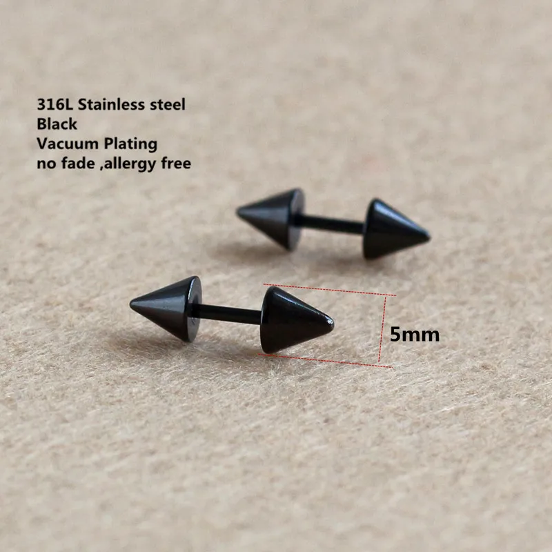 Schwarz beschichtete Ohrstecker, 5 mm, Spitzform, Schraubverschluss, aus Edelstahl, verblasst nicht, hypoallergener Titan-Schmuck. – Detail 3
