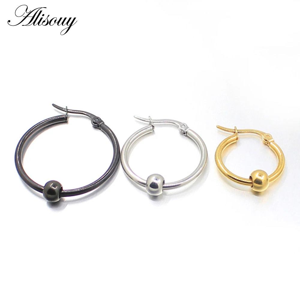 Aisouy 2pcs Black Gold Color Stainless Steel Men Women Small Ball Big Hoop Earrings Party Rock Gift 3 colors Wholesale