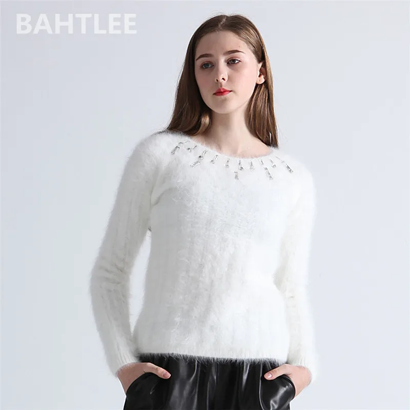 BAHTLEE-Women's Angora Jumper, Long Sleeve, Knitted Stripes Pullovers, Sweater, Keep Warm, Handwork, Diamond, White, Autumn, Win