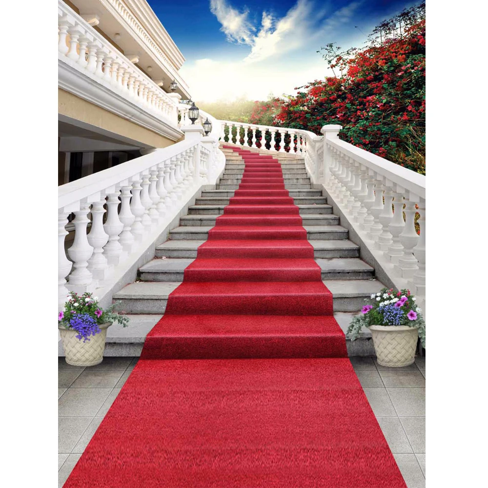 

Palace Staircase Red Carpet Wedding Party Photo Booth Backdrop Blue Sky Red Flowers Outdoor Scenic Photography Studio Background