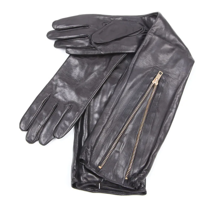 Woman\'s Real Leather Long Gloves Imported Sheepskin Thin Velvet Lined Metal Zipper High Quality Leather Gloves Female EL043NN