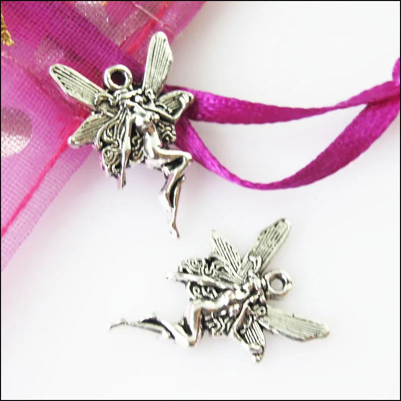 25Pcs Antiqued Silver Color Dancing Fairy Angel Wings Charms Pendants 15x21mm