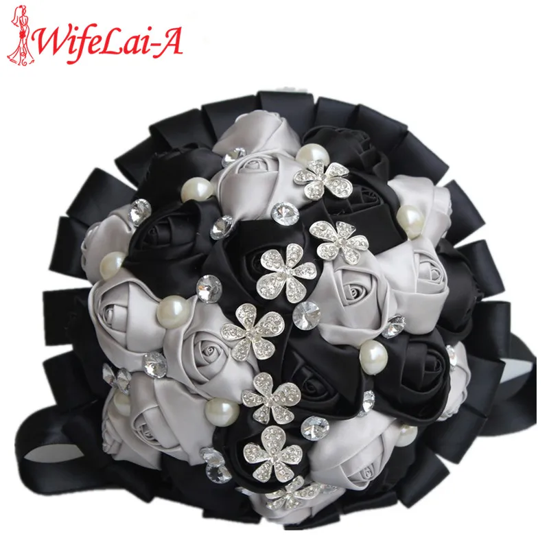 Silver Black Silk Rose Pearl Ribbon De Mariage Wedding Bouquet Artificial Rose Crystal Bridal Bouquet Flower Holder W241-1