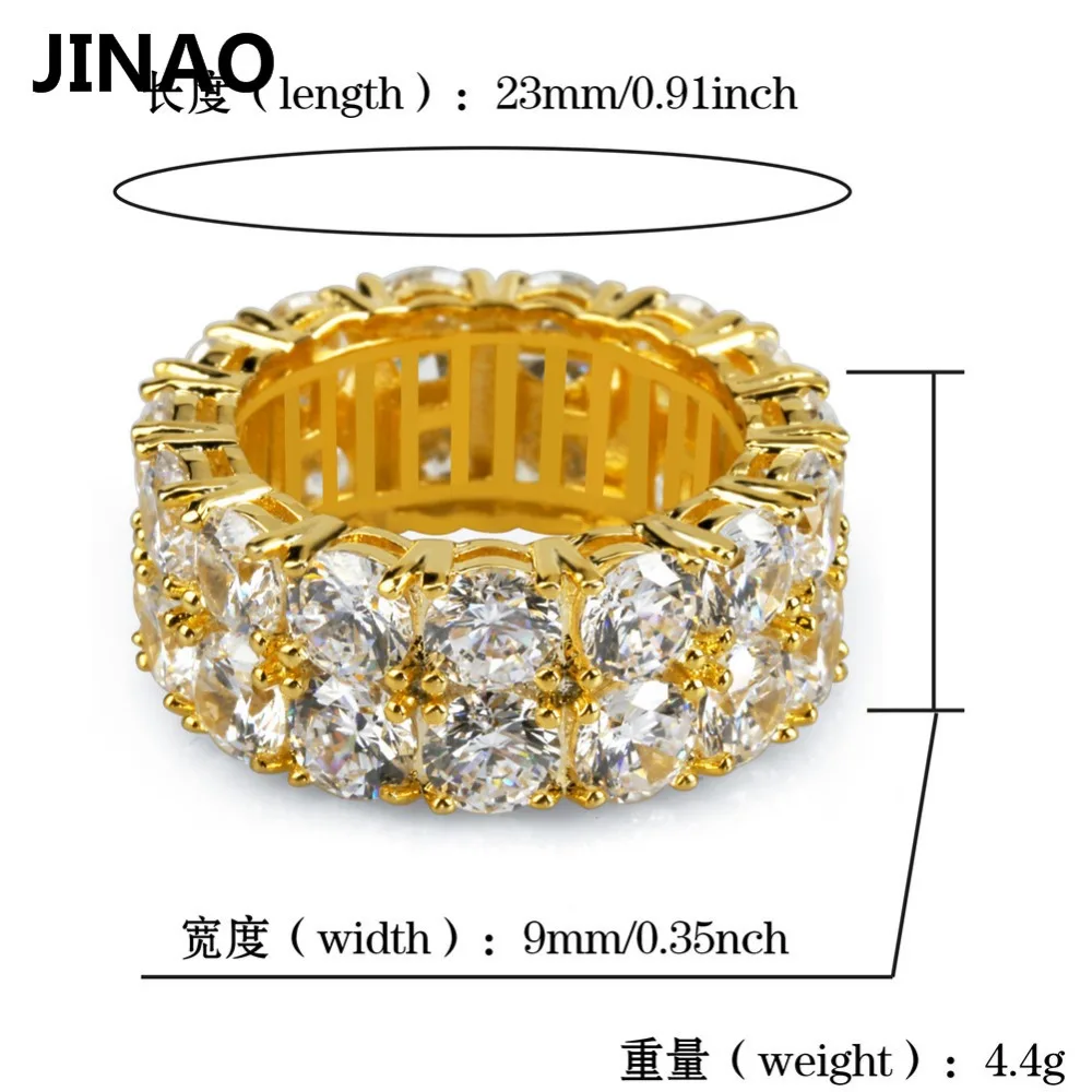 JINAO New Design Gold Silver Color Plated Ring Micro Paved 2 Row Chain Big  Zircon Shiny Hip Hop Finger Ring for Men Women