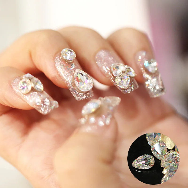 10pcs/lot Hot Sale pointed back White AB color Multicolor glass Nail Art Decoration Glitter Rhinestones