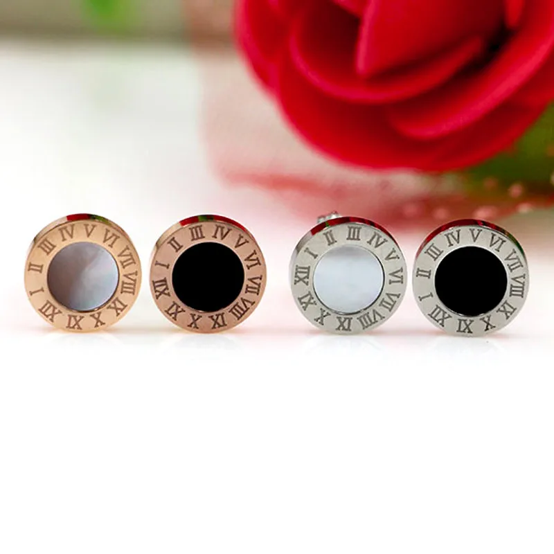 New Hot Charming White Shell And Black Enamel Roman Numerals Pattern Round Fashion Famous Brand Stud Earrings For Woman