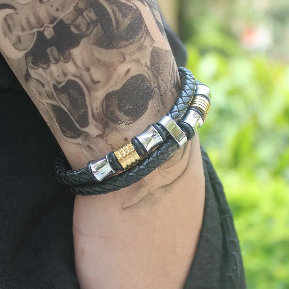 TYO خمر أسلاك الفولاذ المقاوم للصدأ الجلود الذكور أساور أساور للرجال طبقة مزدوجة نمط هندسي مزيج أساور